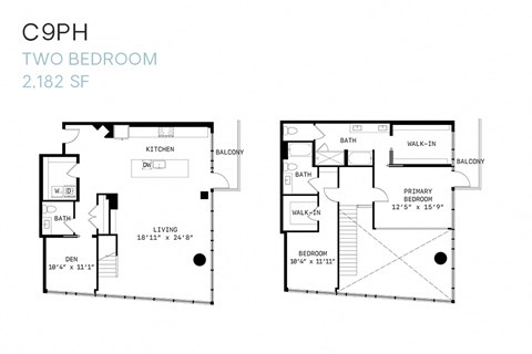 Floor plan for 2 beds, 2.5 baths, 2182 sqft